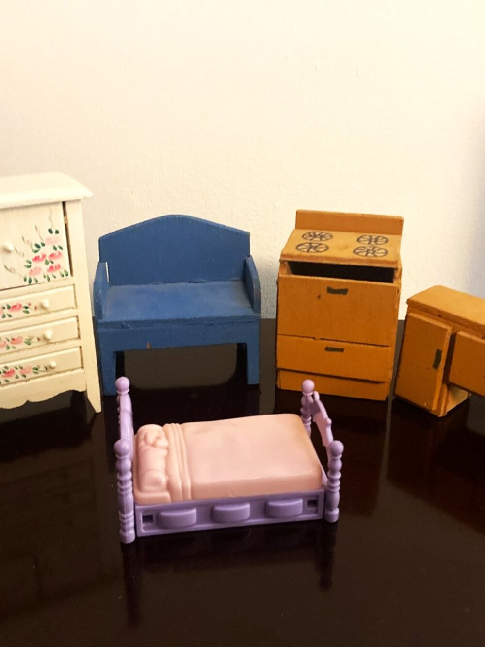 Vintage Doll House Wooden Furniture, Hand made and 1 Plastic Bed